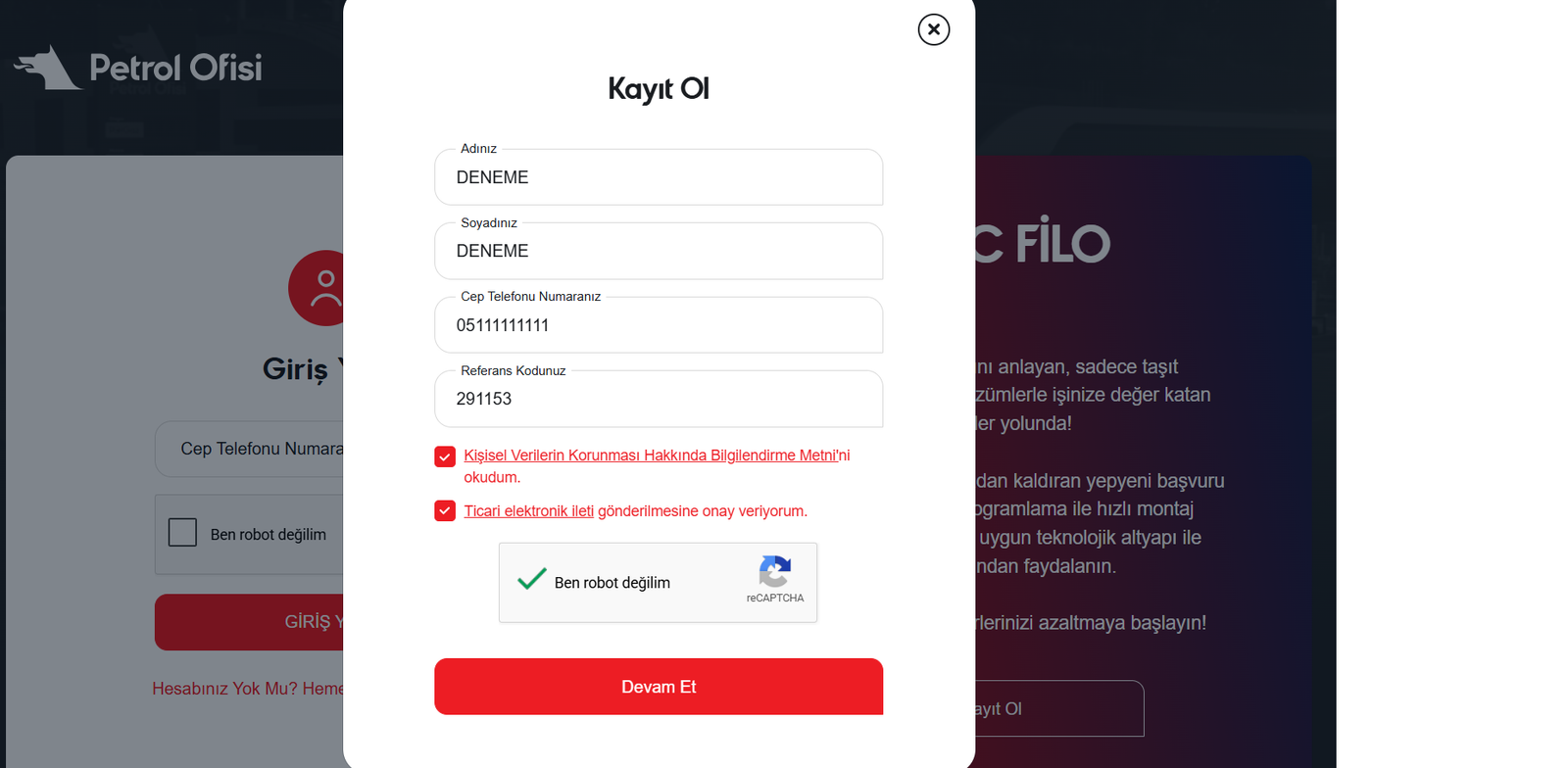 Petrol Ofisi kayıt ekranında 291153 referans kodunun girileceği alan